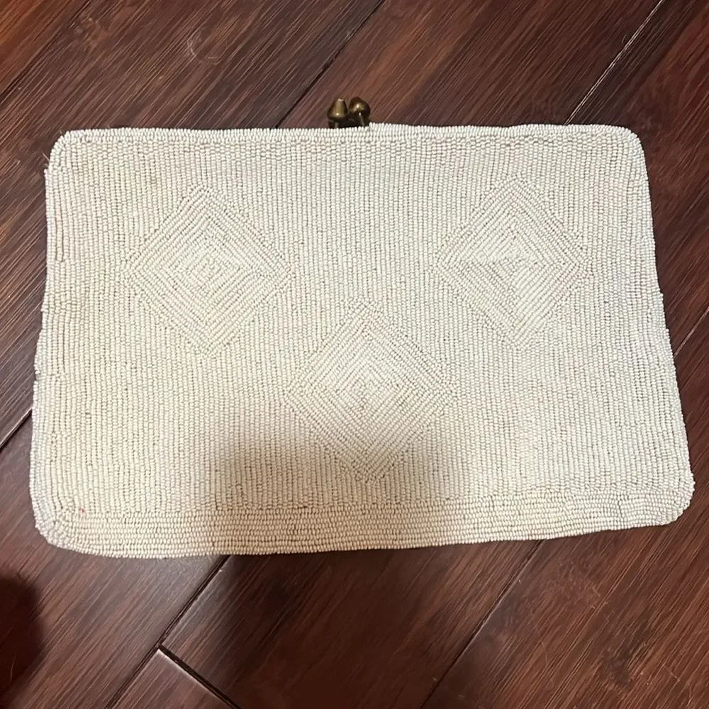 Vintage White Beaded Clutch - Joselle Bags - Lined Inside - Slip Pocket